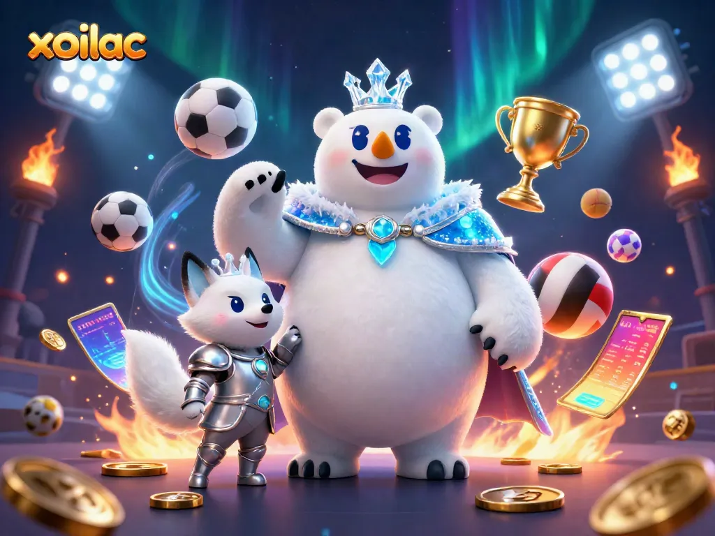 Bet on dynamic sports action with Xoilac featuring a vibrant 3D illustration of a polar bear king and snow fox, surrounded by floating sports elements.