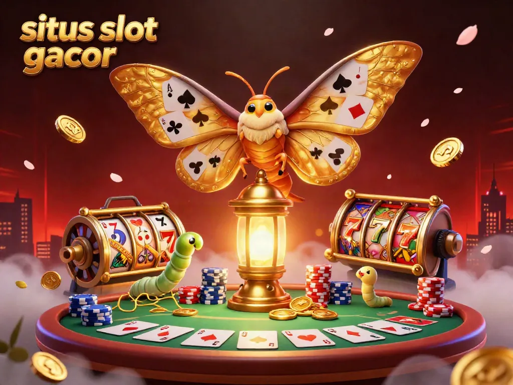 Menangkan di situs slot gacor dengan ilustrasi menarik yang menampilkan mesin slot, kupu-kupu emas, dan kasino yang berwarna-warni.