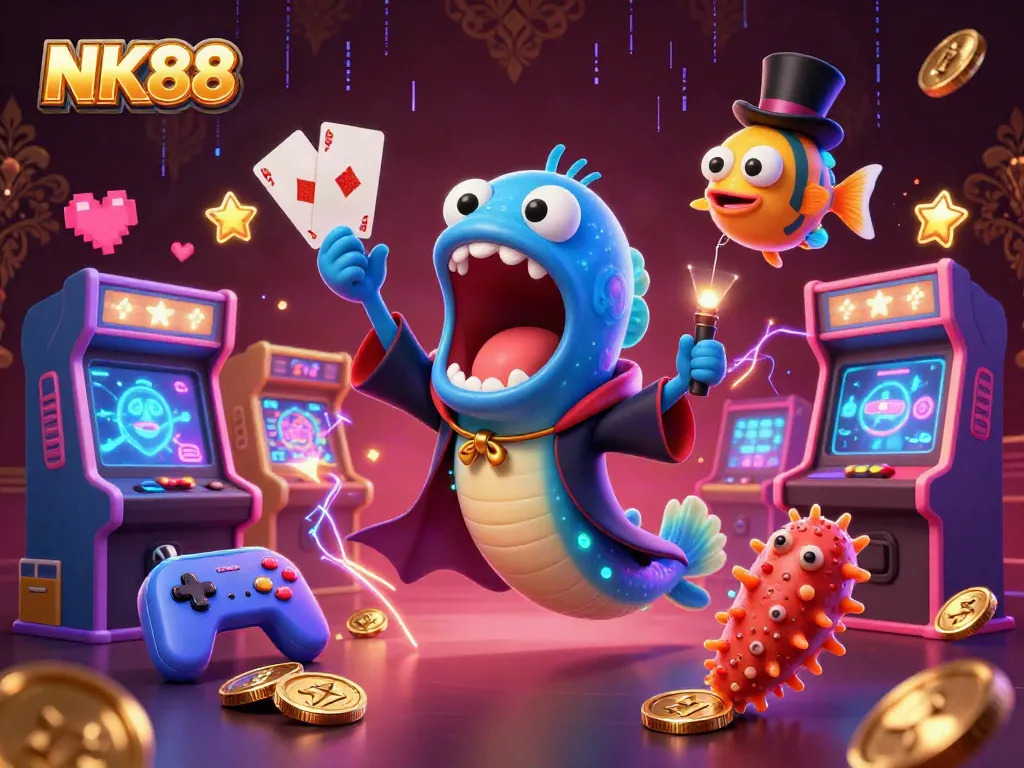 Engage with NK88 gaming magic featuring dynamic characters and vibrant casino elements.