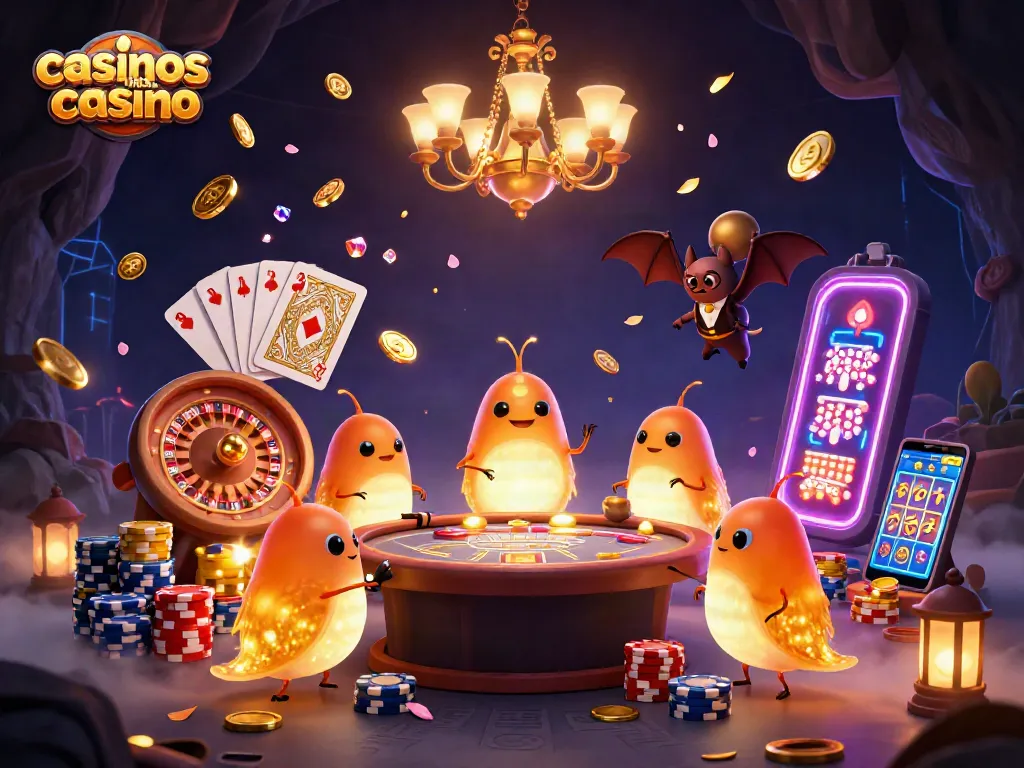 Experience casinos like wild casino with lively glowworms and a playful bat dealer in a vibrant casino.