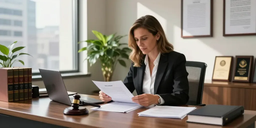 Karen McCleave attorney reviewing legal documents in her professional office environment.