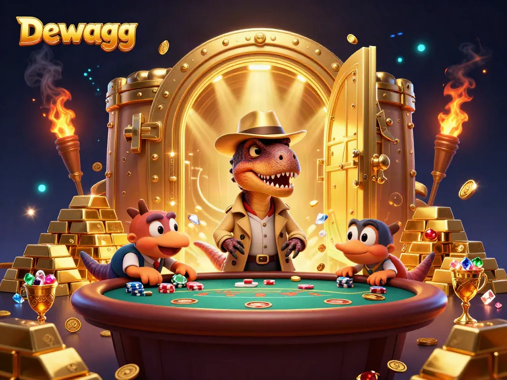 Dewagg showcases an intricate scene with a velociraptor card counter at a blackjack table, highlighting a unique gambling experience.