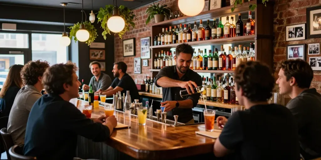 Ruang bar yang ramai di The Keg Room NYC dengan pengunjung menikmati minuman.