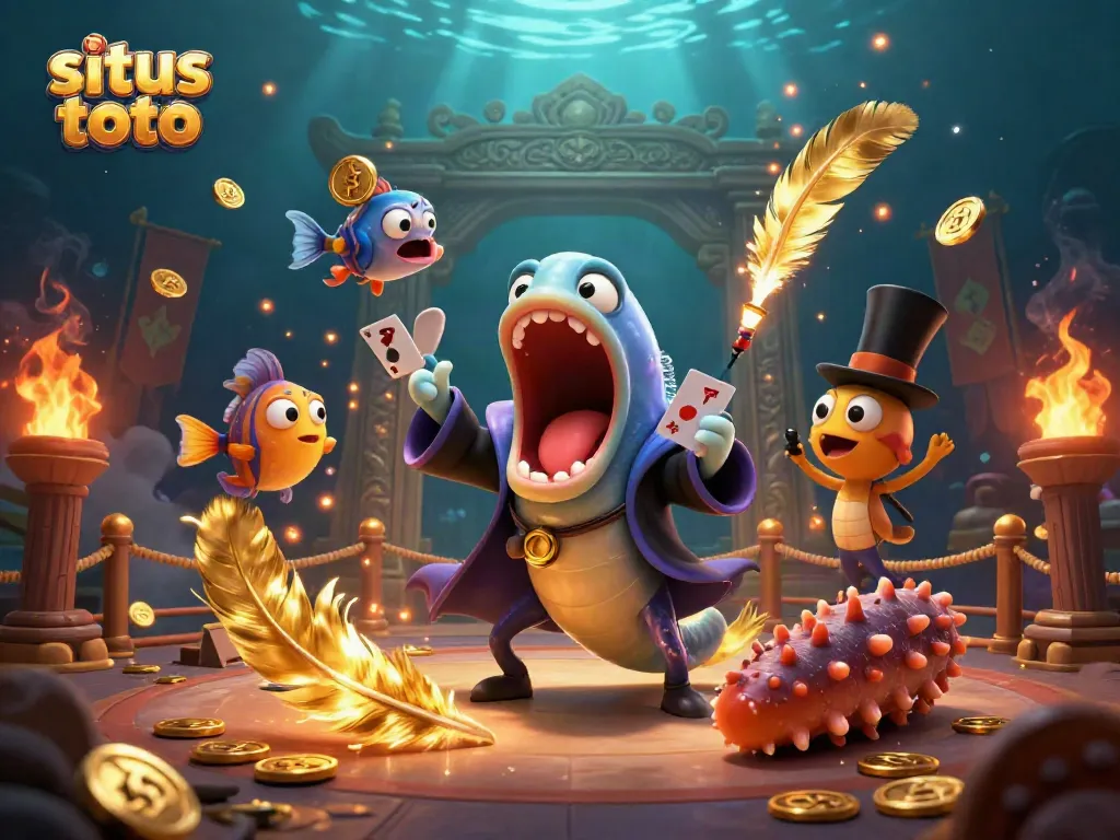 Engage with situs toto through a colorful, underwater magic show featuring a bioluminescent eel and anglerfish in a vibrant, casino-themed setting.