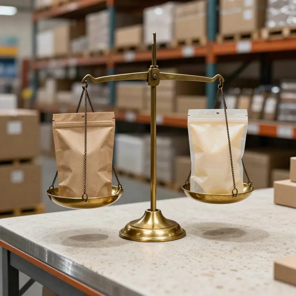 Brass balance scale with sample pouches and terms clip in a trading warehouse