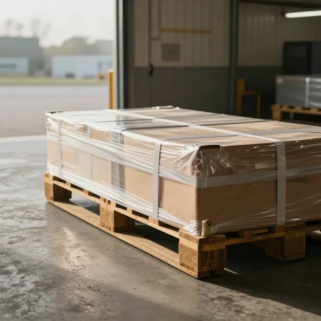 Outbound pallet wrapped and strapped at a loading bay, ready for dispatch.
