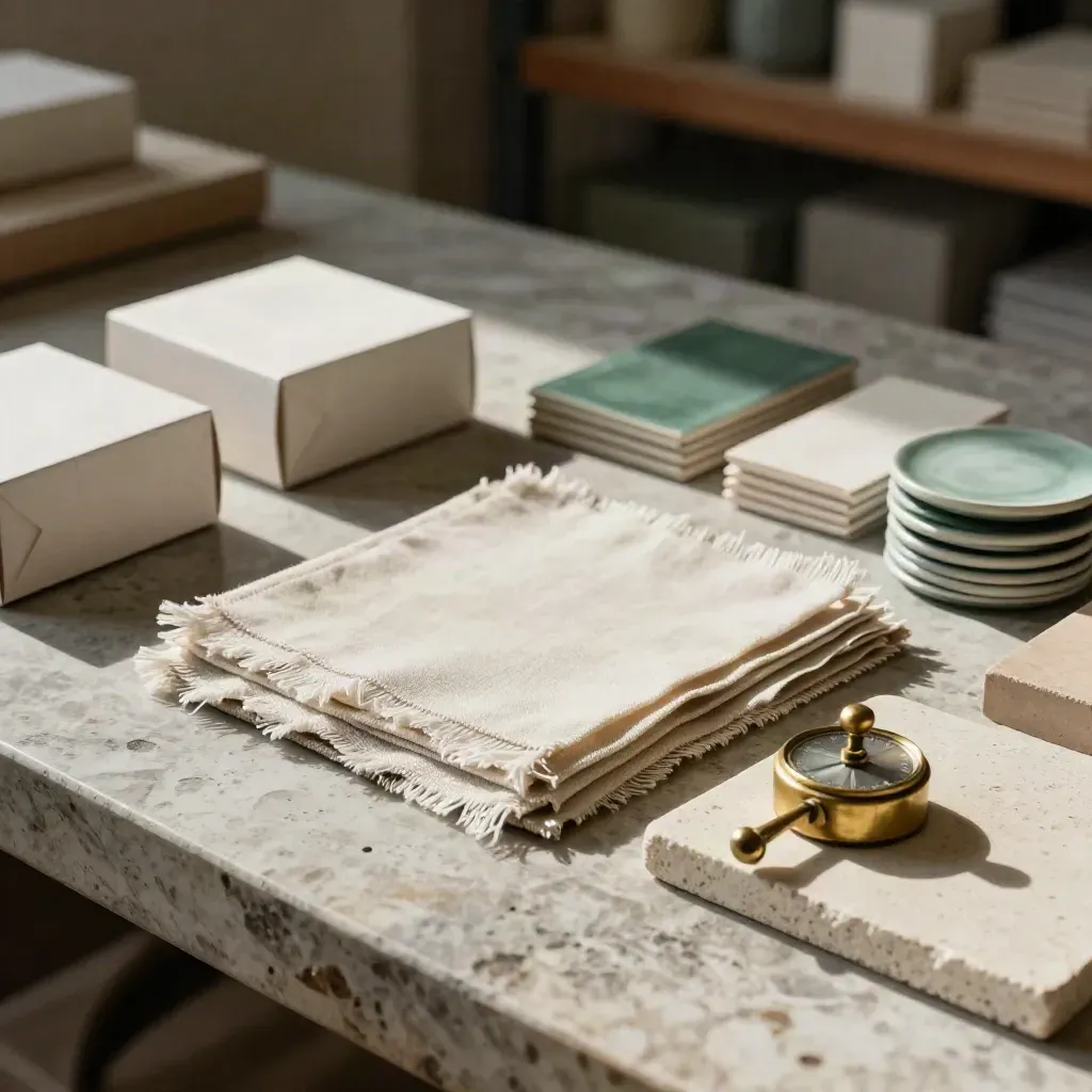Supplier sample cartons, ceramic chips, linen swatches, and brass weight on a stone workbench.