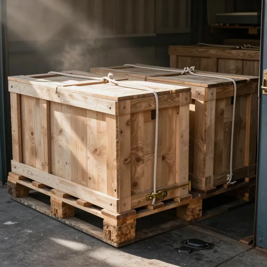 Freight crates and cargo cords beside a split pallet in a misty warehouse bay.