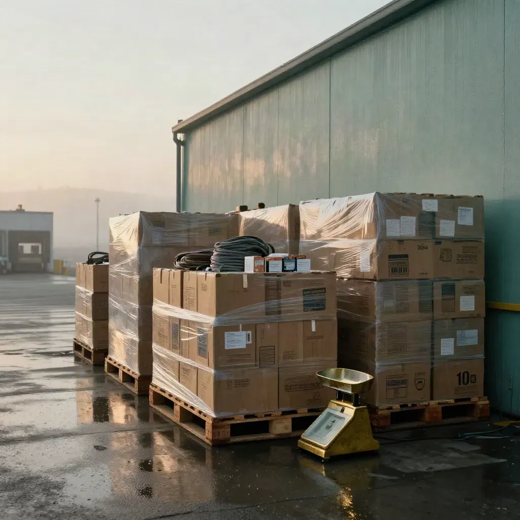 Rainy export bay with crates, pallets, strapping, cartons and a brass scale in dawn mist.