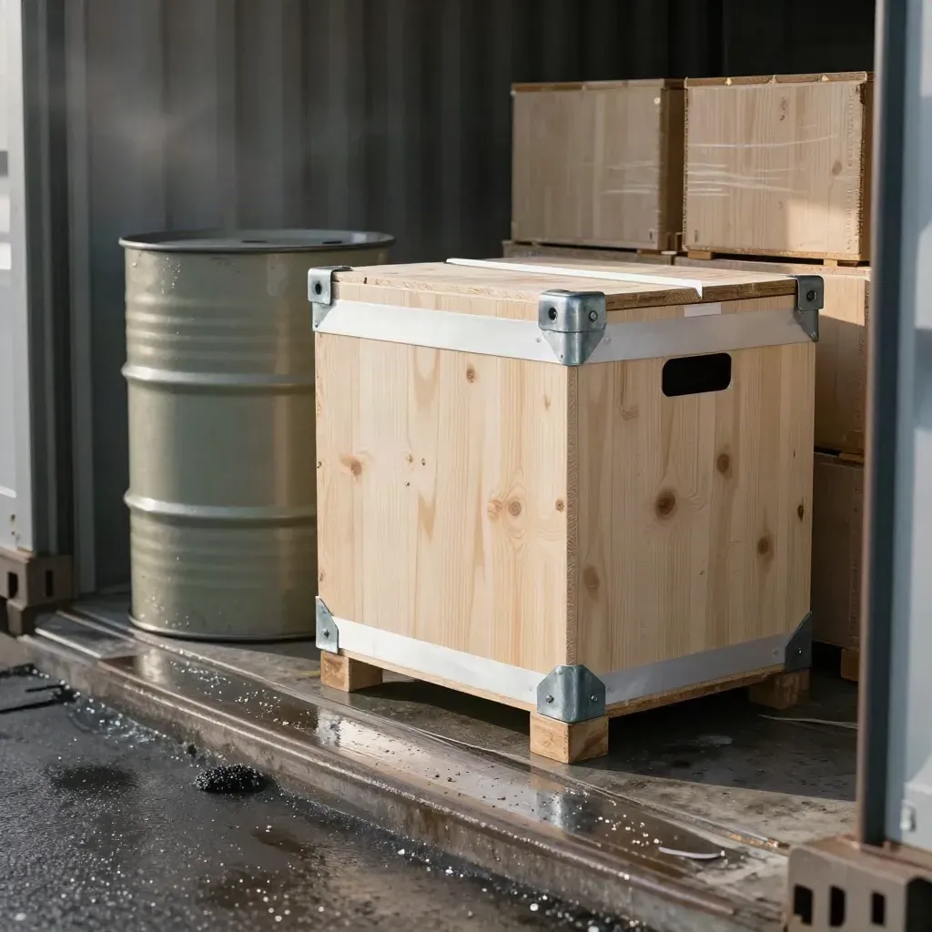 Sealed export crate, transit drum, and cargo blocks at a wet dock threshold