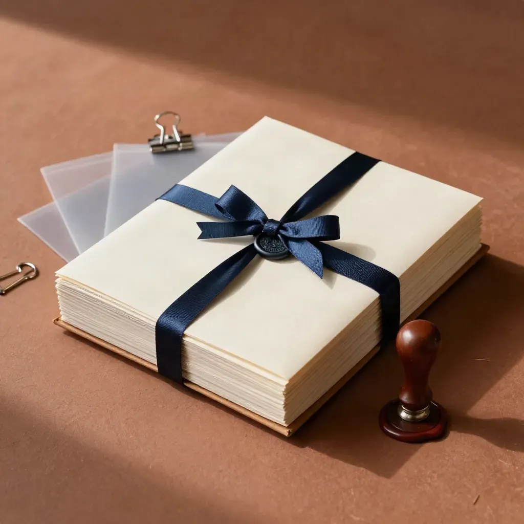 Overhead customs packet with wax seal, file clips, and archive sleeves on terracotta clay