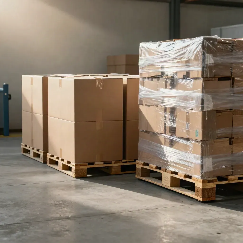 Three carton stacks and a loaded pallet in a warm warehouse aisle with late-afternoon light.