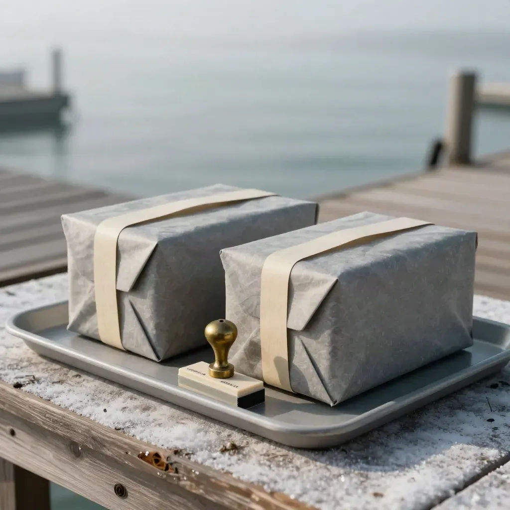 Two sealed tea chests at port with a customs tray, stamp block, and sea mist.