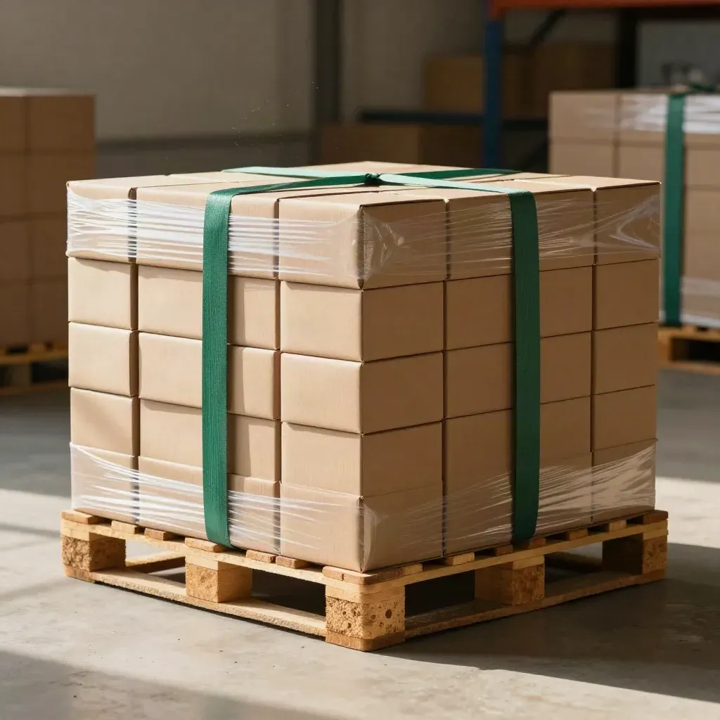 Lean repeat-order pallet with tightened strap and mirrored cartons in warm warehouse light