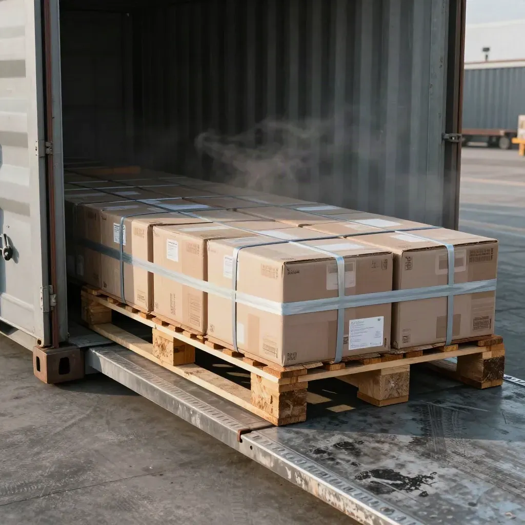 Sealed export pallet on a container ramp in moody dock light