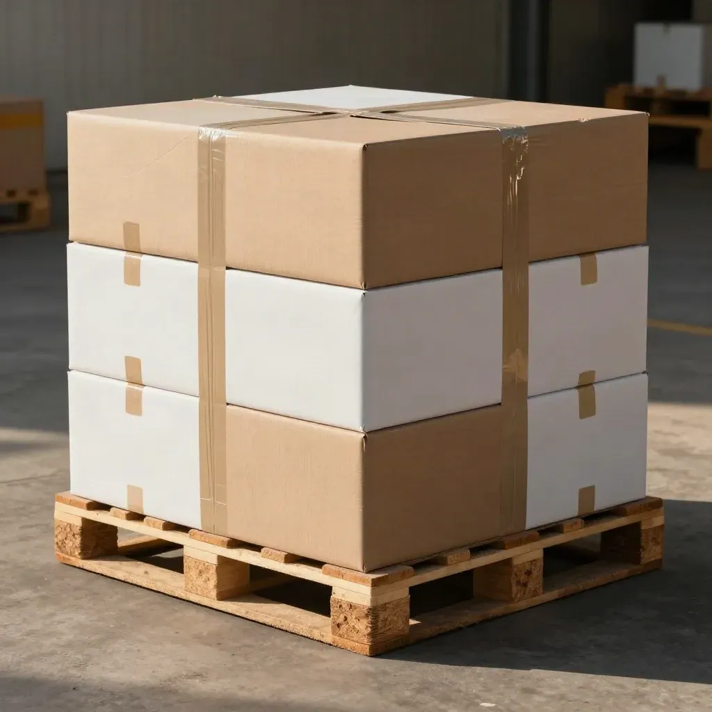 Mixed-order pallet with three carton types, separators, and strap anchors on a warehouse dock.