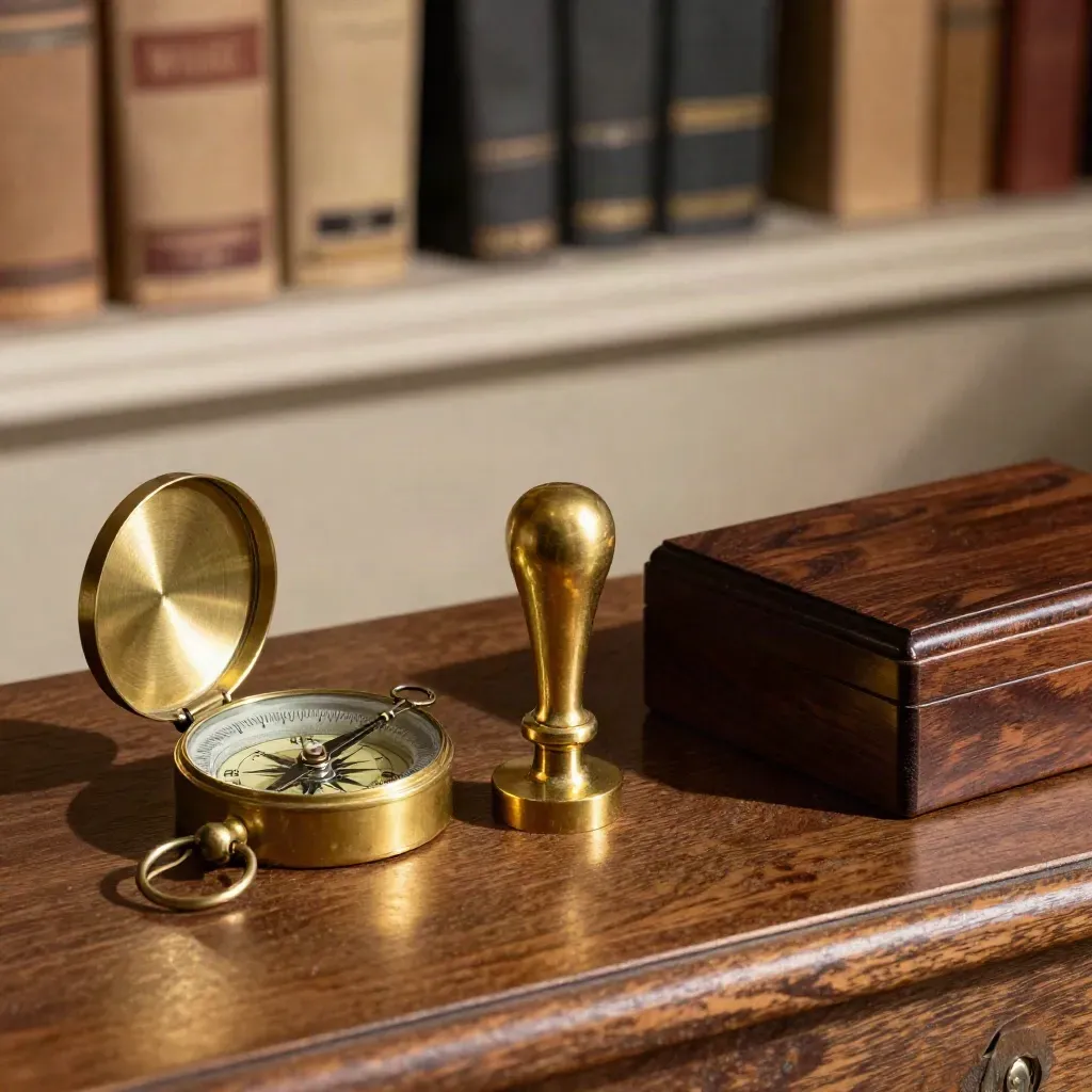 Brass seal press with maritime compass and walnut sample box on polished wood.