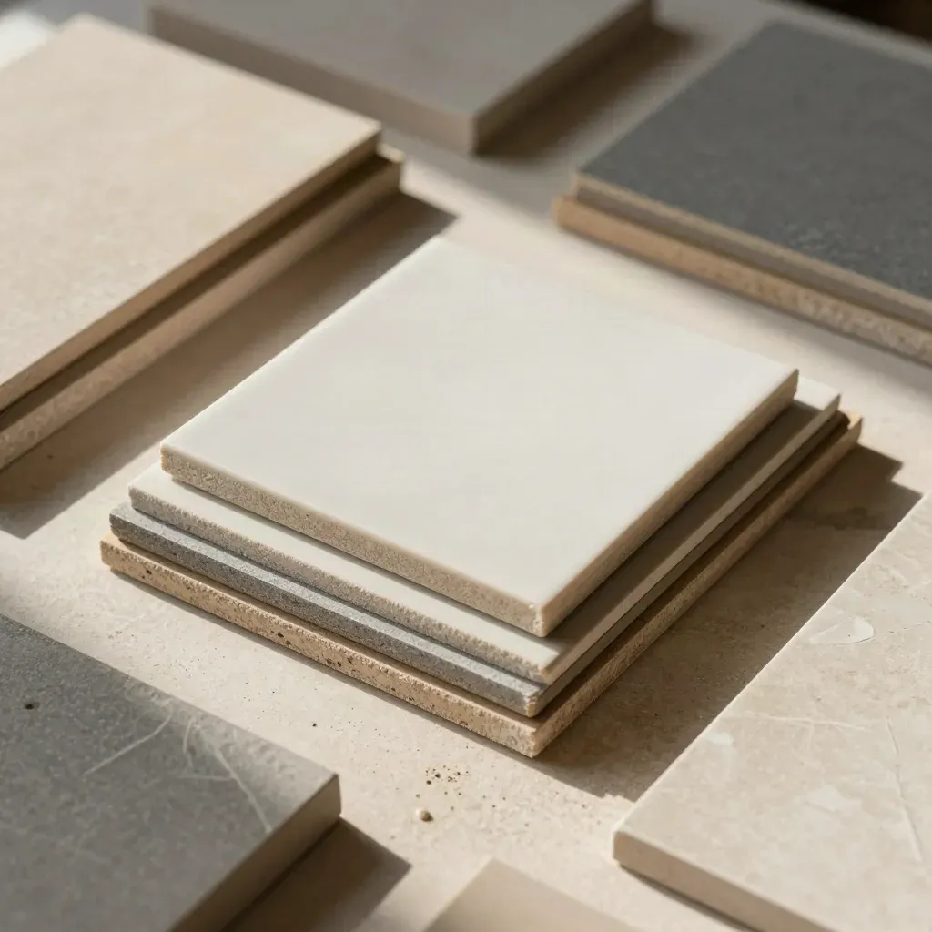 Top-down trade samples on pale stone, with tile chips, swatches, cartons and dust.
