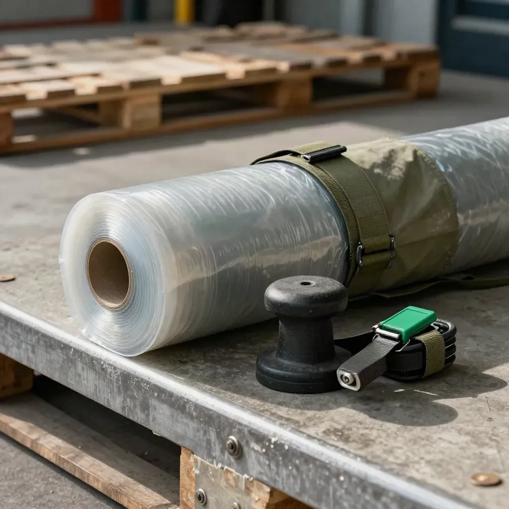 Macro still life of pallet wrap, cargo seal, dock stopper and strap tensioner at a loading bay