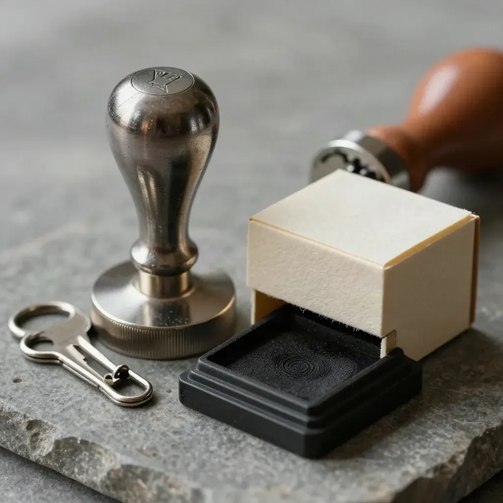 Macro still life of trade docs tools on stone with seal, clips, archive box and stamp pad.