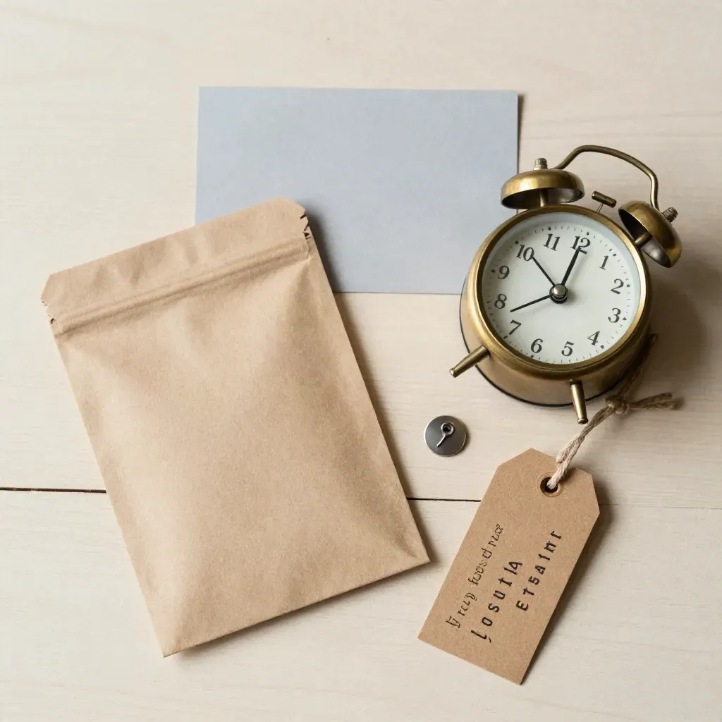 Flat lay of trading samples, brass clock, tied tags and destination pin on pale wood.