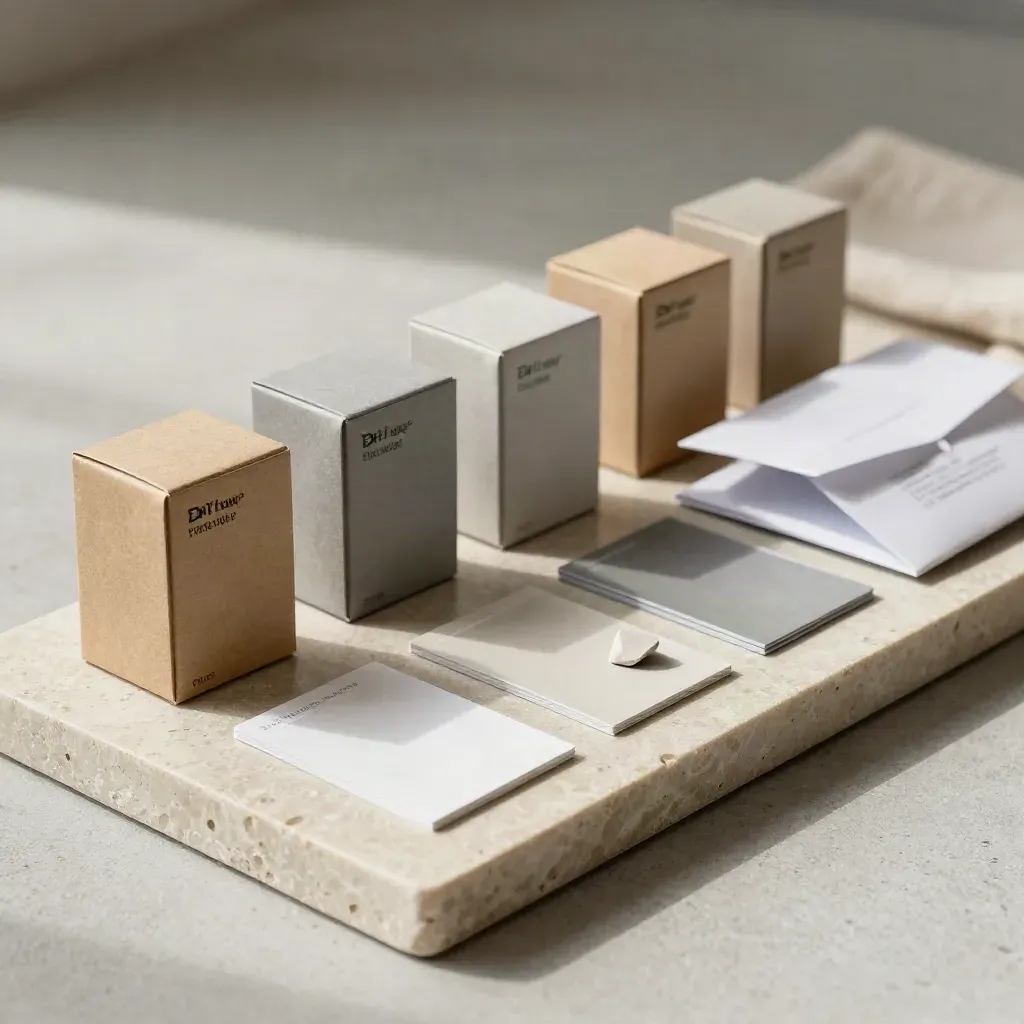Sample cartons, swatch cards, ceramic chips, and a quote envelope on a stone tray.