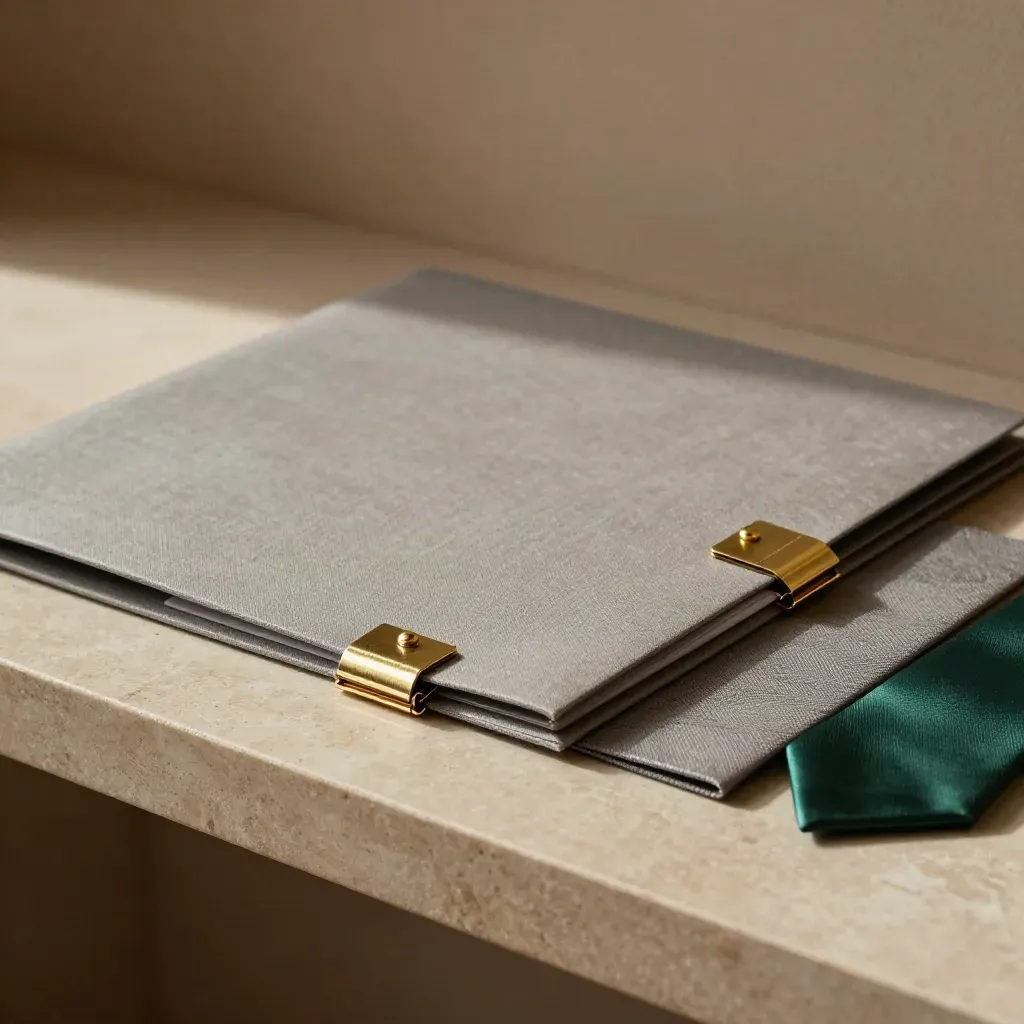 Wax-sealed dossier folder with brass clips and emerald tie on a stone shelf.