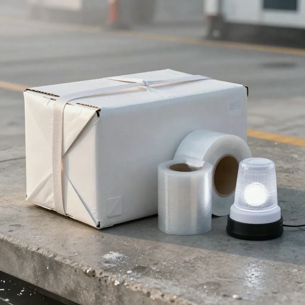 Strapped parcel corner beside seal, wrap roll and transit beacon on misty concrete.