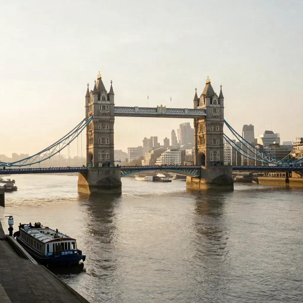 Tower Bridge over the Thames at sunrise with soft haze and calm water.