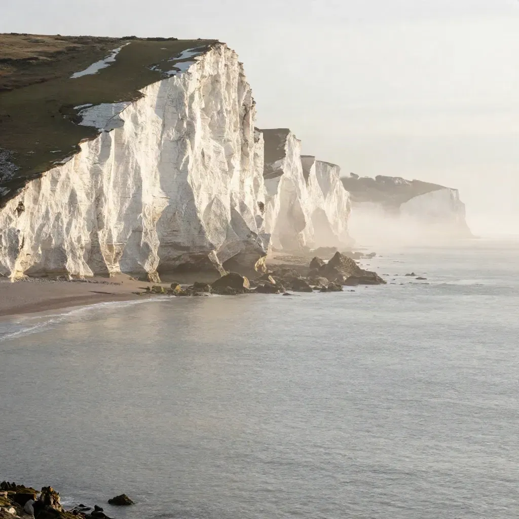 Sunlit white chalk cliffs of Dover above a calm steel-grey sea with soft sea haze.