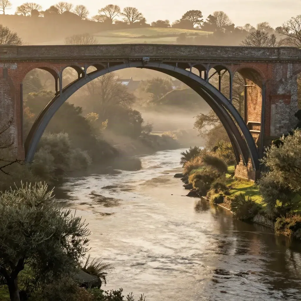 Ironbridge Gorge above a misty Midlands valley in warm evening light