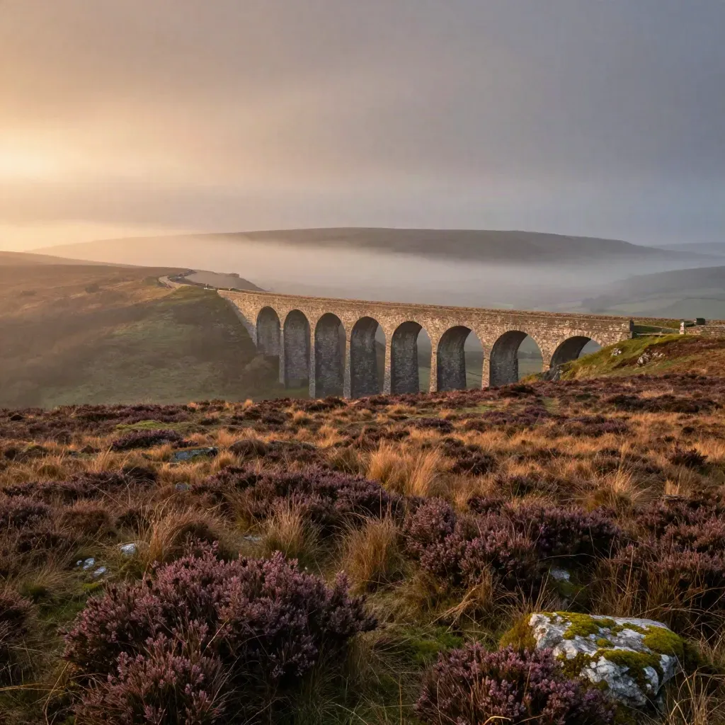 Misty Pennine moorland with a stone viaduct, amber dusk, and distant hills under low cloud.