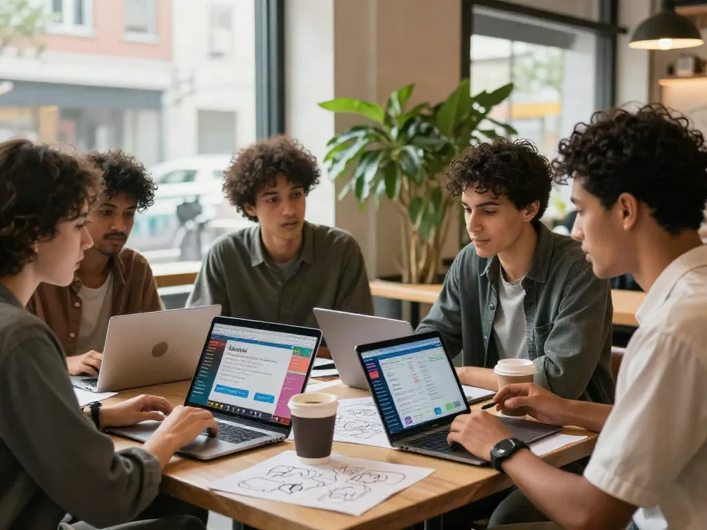 Creators strategizing around onlyfans leaks in a vibrant café environment.