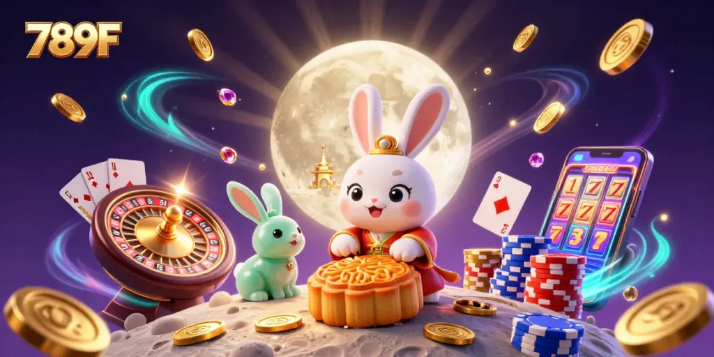 Engage with 789F gambling excitement featuring whimsical moon rabbit casino illustration.