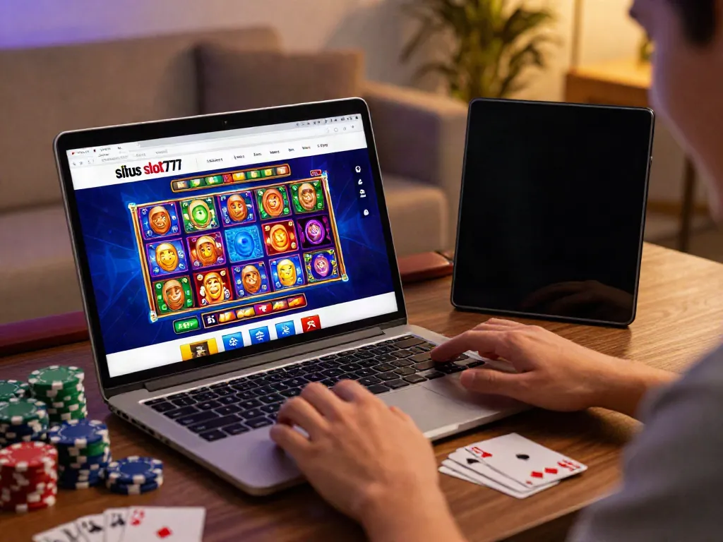 Exciting situs slot777 online gaming scene with a player enjoying slot games and casino elements.