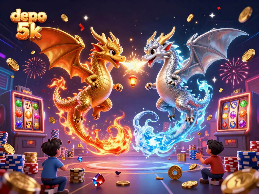 Experience the thrill of depo 5k slots with vibrant dragons and dynamic casino elements.