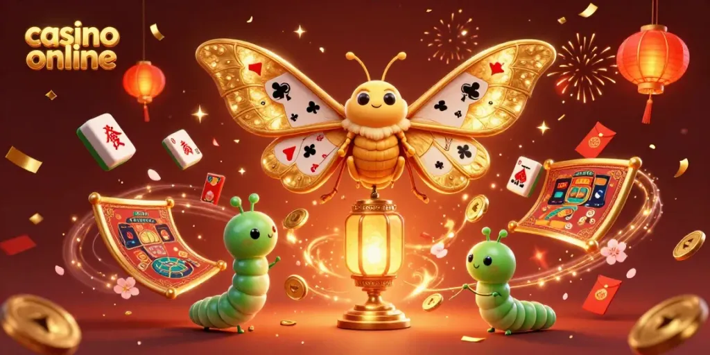 Engage with the vibrant casino online scene showcasing an atlas moth surrounded by 3D gaming elements and festive decor.