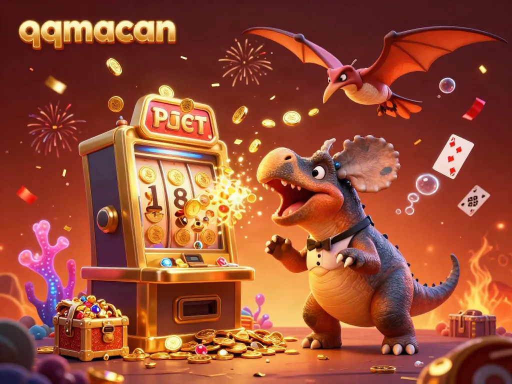 Experience exciting wins at qqmacan while a pachycephalosaurus triggers a jackpot at a golden slot machine.
