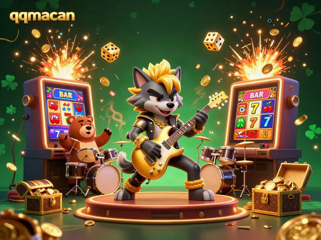 Experience the thrill of qqmacan gaming with a dazzling 3D rock star wolf and explosive slot machines.