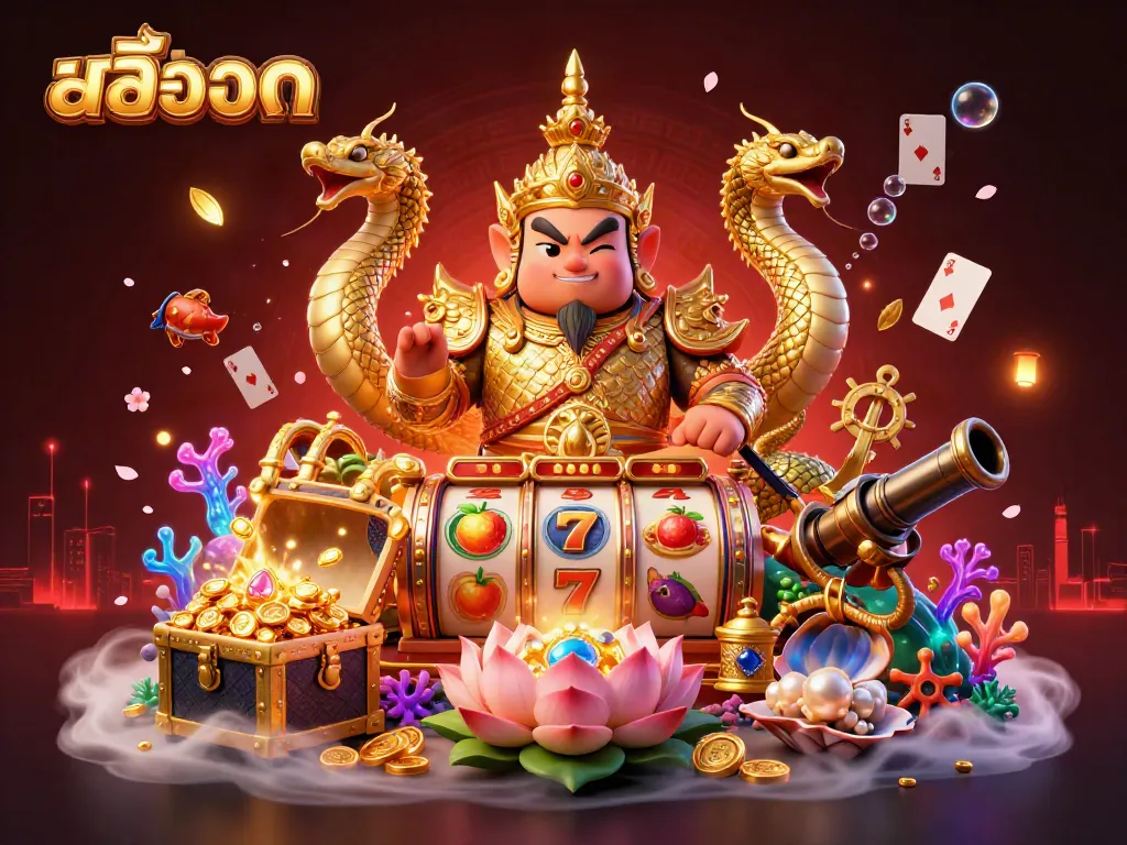 ภาพการ์ตูน 3D ของการ์ดาวัดไทยและนาคที่กำลังเล่นเกมสล็อต พร้อมทองและอัญมณี