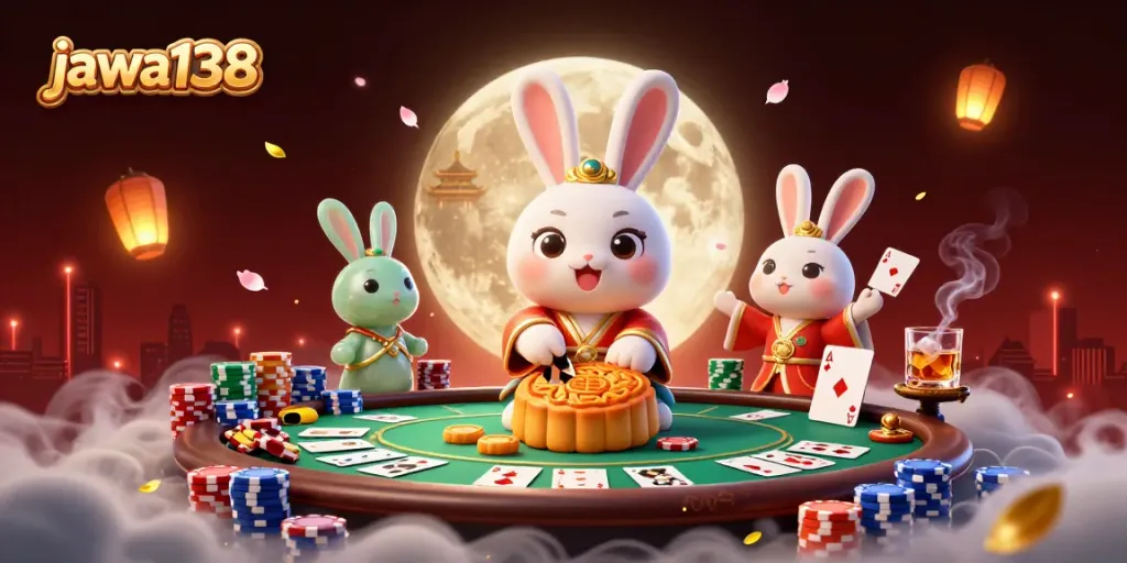 Engage with jawa138's vibrant casino scene featuring moon rabbit fortunes at a poker table.