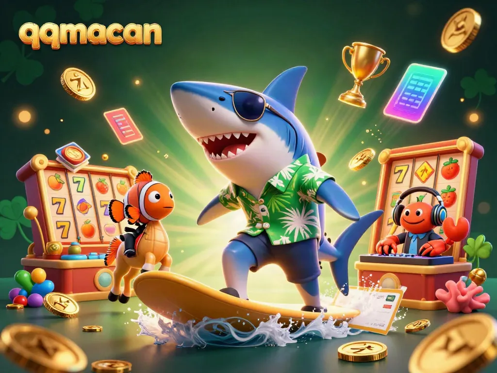 Experience qqmacan with a vibrant 3D illustration of a shark surfing on gold coins among dynamic slot elements.
