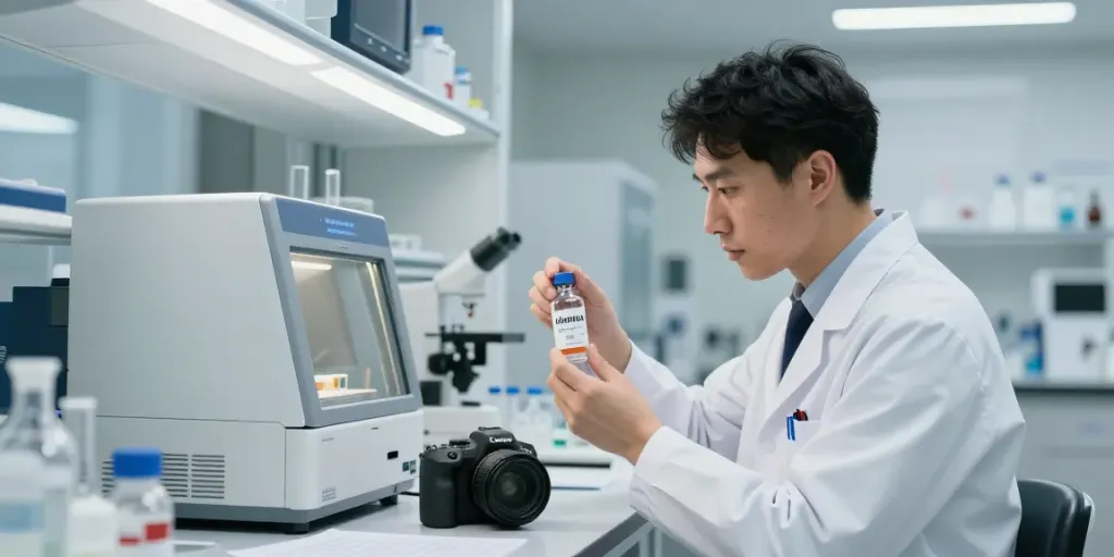 Researcher examining adamax 10mg peptide in a modern lab