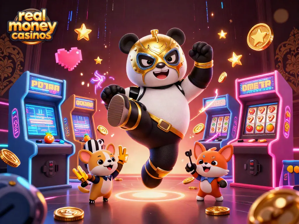 Engage with real money casinos illustrated by a wrestler panda and vibrant gaming elements.