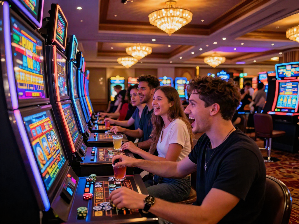 Exciting bandar slot gaming experience with friends celebrating around a colorful slot machine in a vibrant casino.