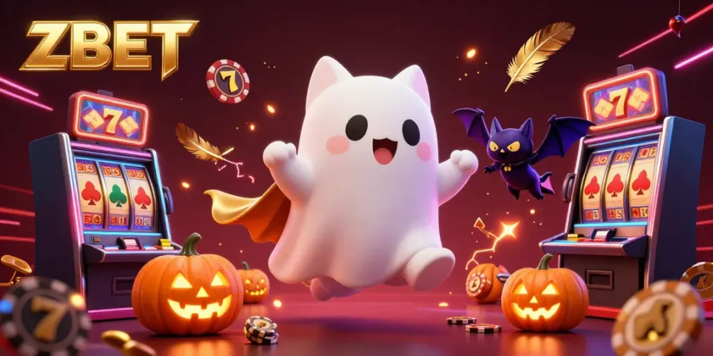 ZBET showcases an animated ghost cat in a lively casino ambiance, surrounded by exciting elements like slot reels and glowing tokens.