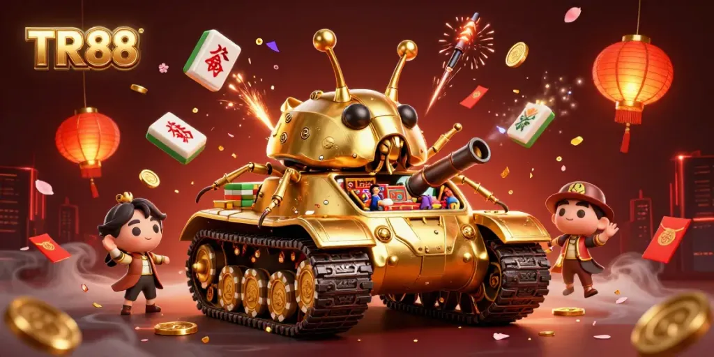 Experience the vibrant excitement of the TR 88 casino world with this illustrated golden beetle tank and celebratory symbols.