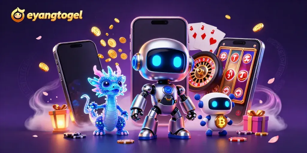 Engage with eyangtogel's dynamic gaming universe featuring a cyberpunk robot, AI dragon, and vibrant slot games.