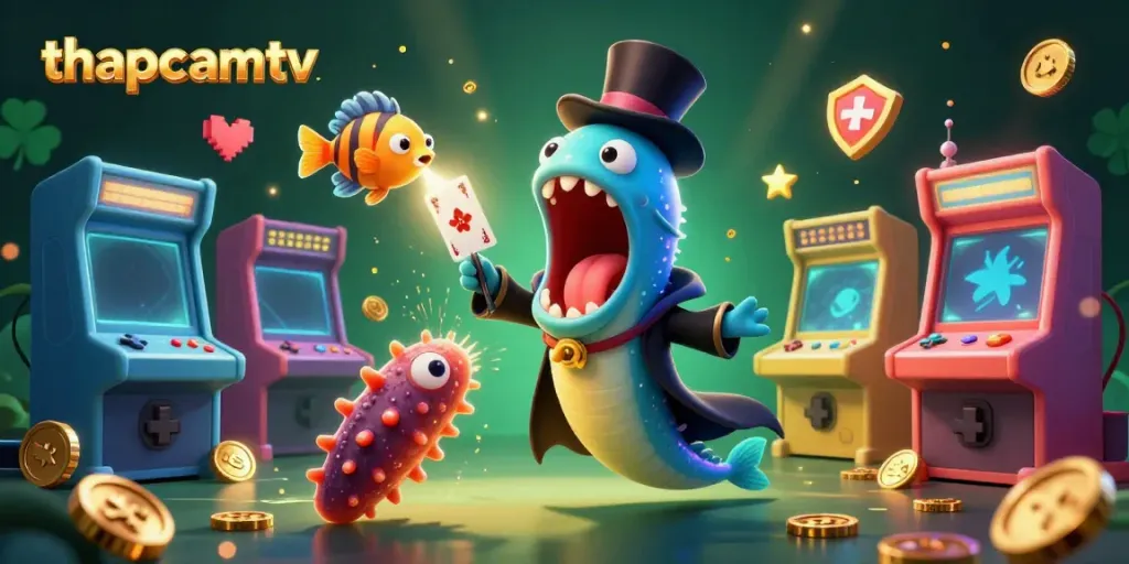 Experience thapcamtv's vibrant gaming scene with animated sea creatures in a casino-themed illustration.