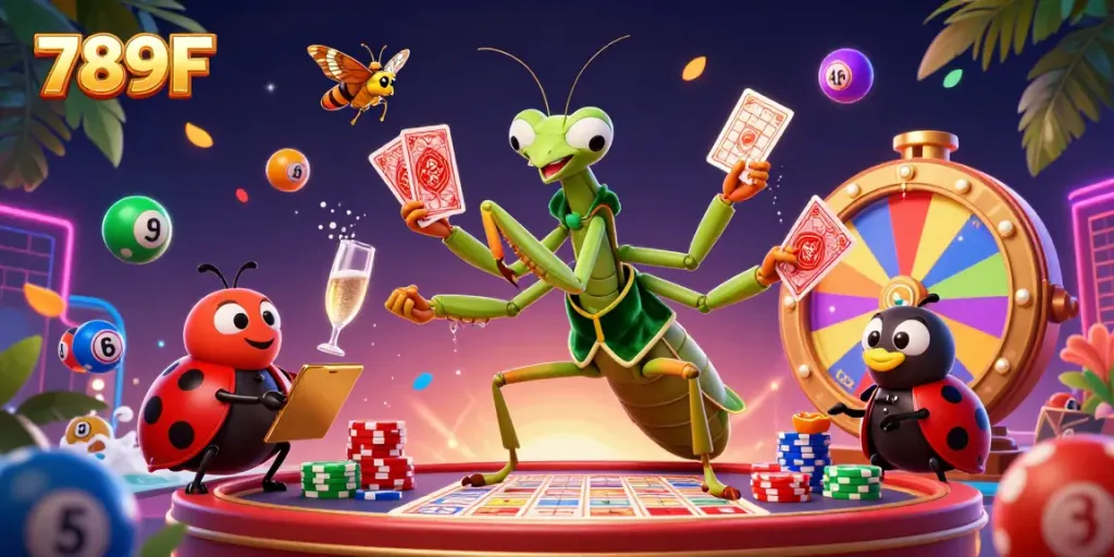 Engage in thrilling gaming action at 789F with a lively scene featuring unique characters and exciting casino elements.